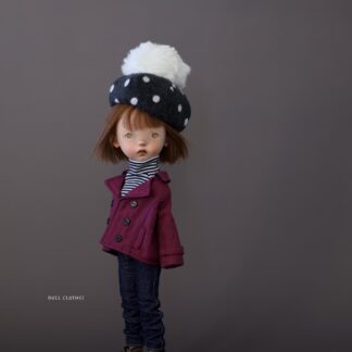 Double Breasted Blazer, Long Sleeve Turtle Neck knit shirt, Denim Pants, Knit Beret with Pom Pom