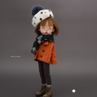 Double Breasted Blazer, Long Sleeve Turtle Neck knit shirt, Denim Pants, Knit Beret with Pom Pom, Dot Scarf