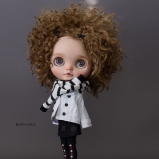 Double Breasted Blazer, Long Sleeve Turtle Neck knit shirt, Short Skirt, Over High Knee Socks, Knit Scarf, Hair Pins with tiny bow