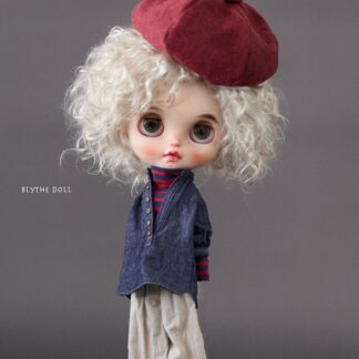 Long Sleeve Turtle Neck, Denim Shirt, Wide Pants, Beret SET Outfit.