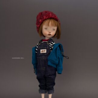 Knit Jacket with Hoodie, Stripe T-shirt, Denim Overall, Beanie